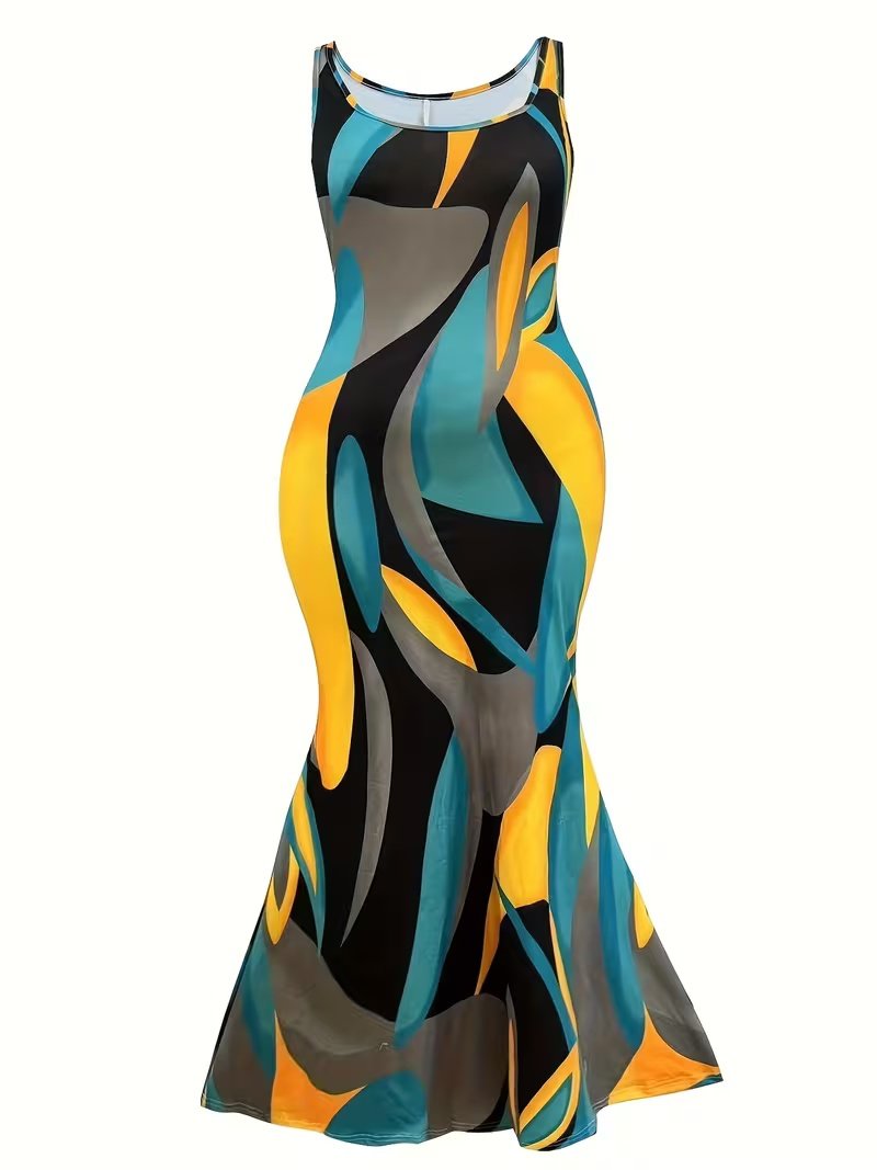 Plus Size Summer Women'S Stylish Color-Blocked Printed Sleeveless Dress With Round Neck And Pockets, Casual Plus-Size Dress For Women 2