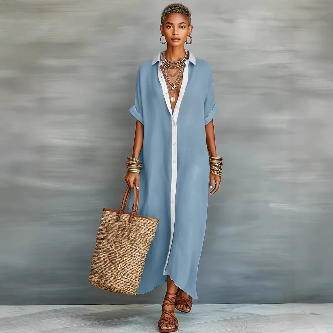 Color-blocked Loose  And Linen Long Dress Fashionable And Casual Dress 2
