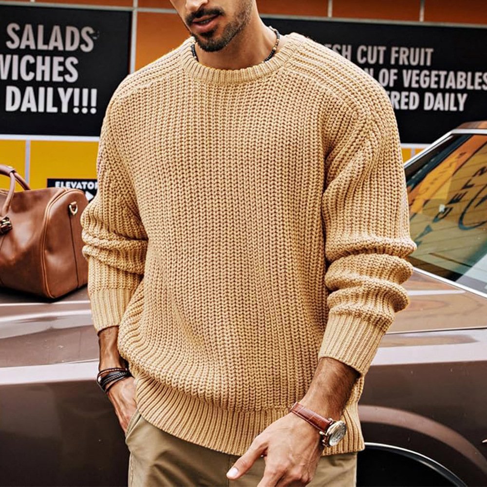 Men's Solid Color Long Sleeve Round Neck Fashion Sweater Loose Retro Sweater