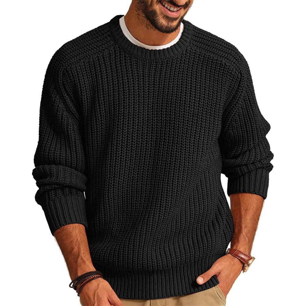 Men's Solid Color Long Sleeve Round Neck Fashion Sweater Loose Retro Sweater 2