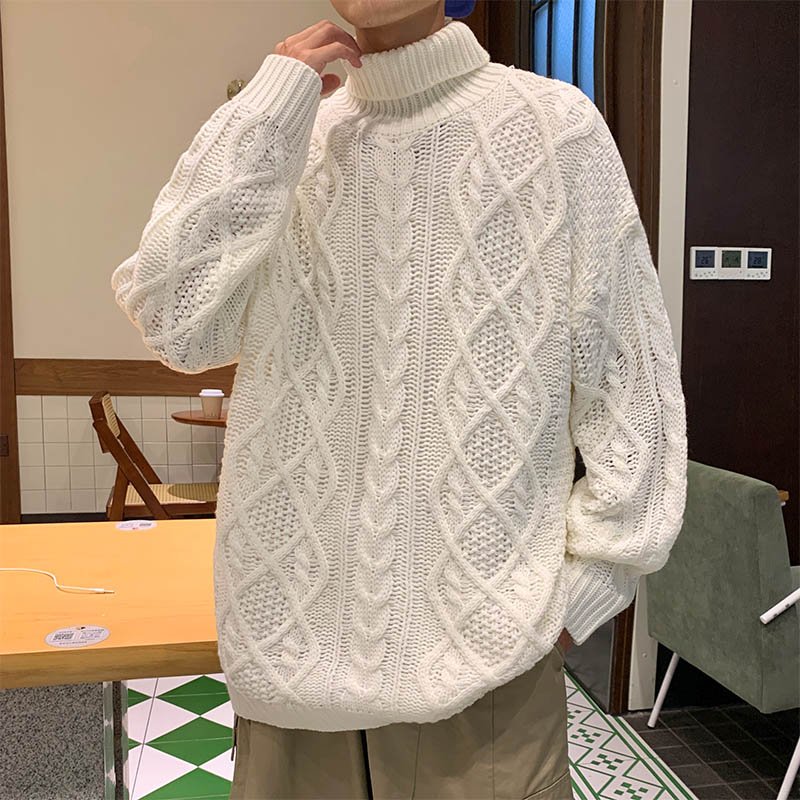 Japanese-style Retro Green Jacquard Turtleneck Sweater