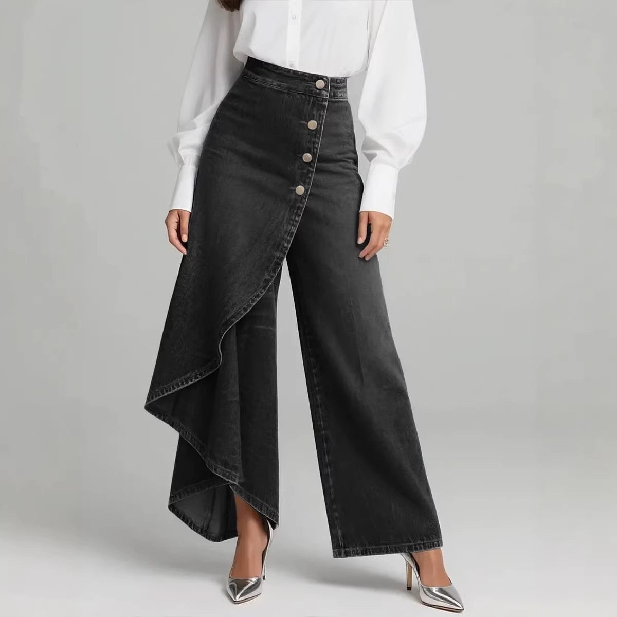 Unique Straight-leg Pants Fashion Large Ruffled Buttons Trousers Women's Faux Jeans Clothing 2