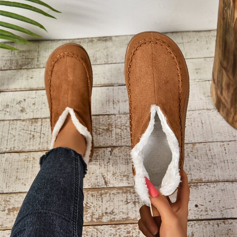 Fashion V-cut Plush Ankle Boots Winter Plus Velvet Flat Snow Boot Casual Warm Solid Suede Cotton Shoes For Women 2
