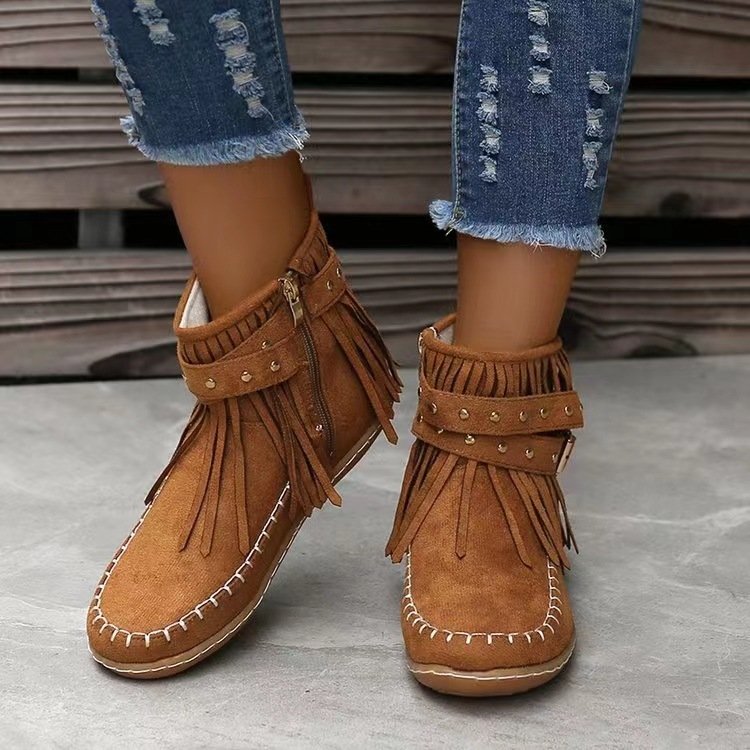 Retro Ankle Boots With Rivet Tassel Flat Shoes Women Winter Boots 2