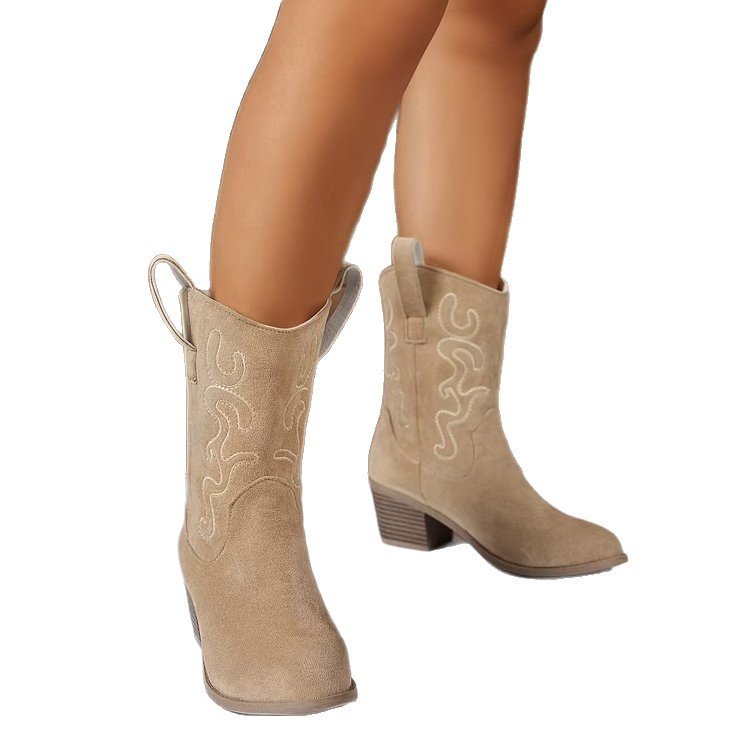Pointed Toe Western Boots Fashion Retro Embroidered Chunky Square-heeled Mid-calf Boot For Women 2